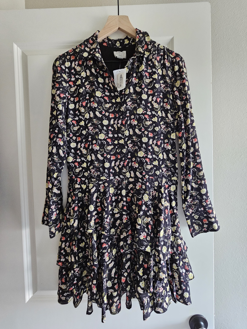 Jason Wu Black Painterly Floral Silk Shirtdress Size 6 US
